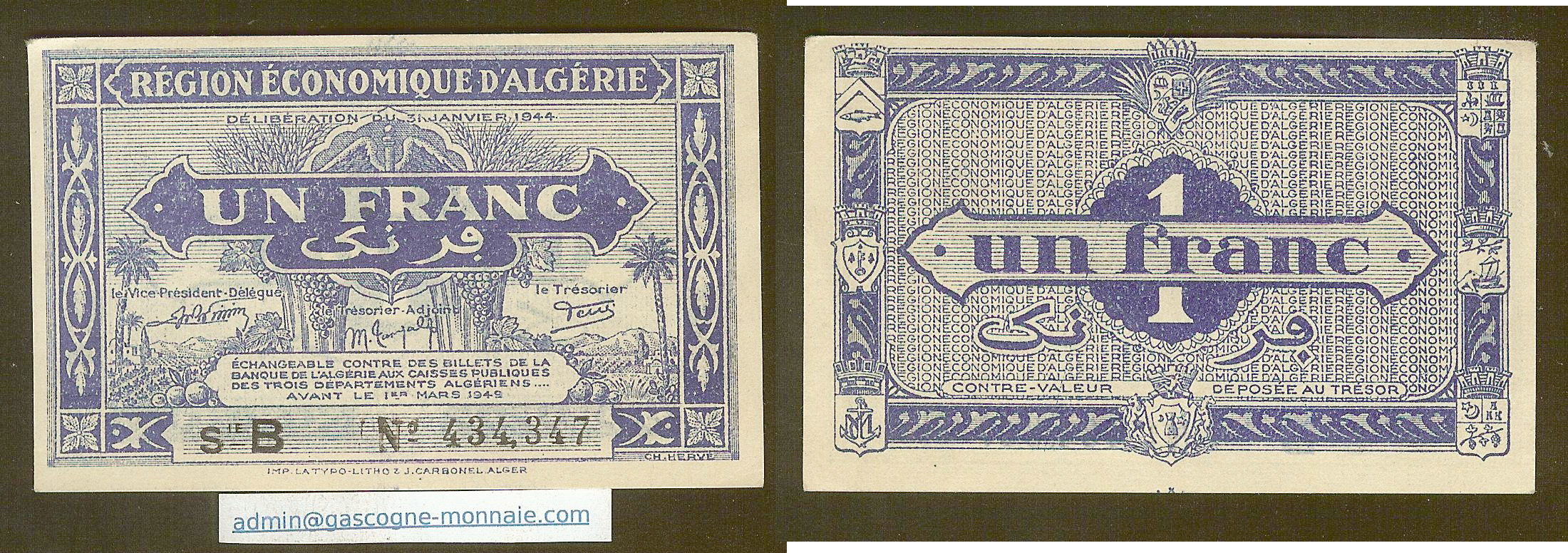 Ageria 1 franc 31.1.1944 EF+